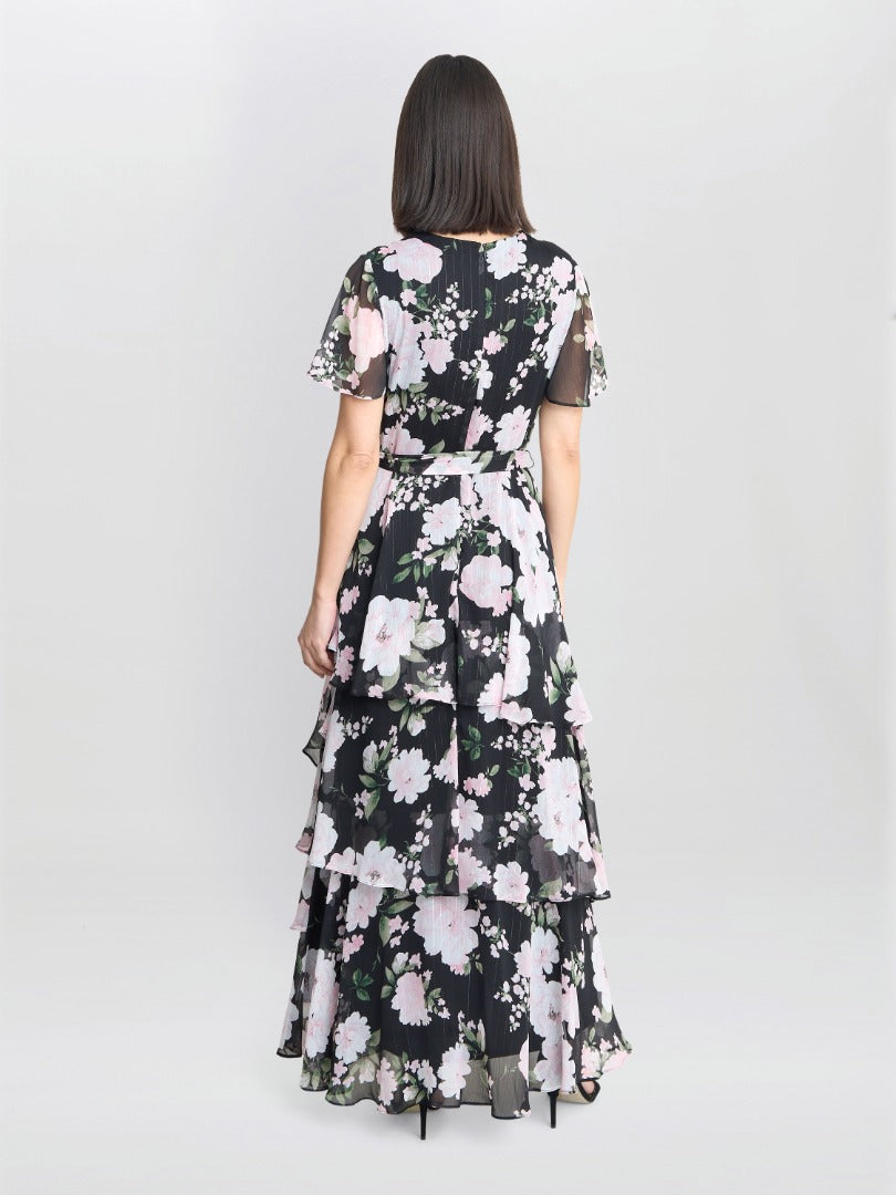 Gina Bacconi Sally Printed Maxi Tiered Dress With Tie Belt