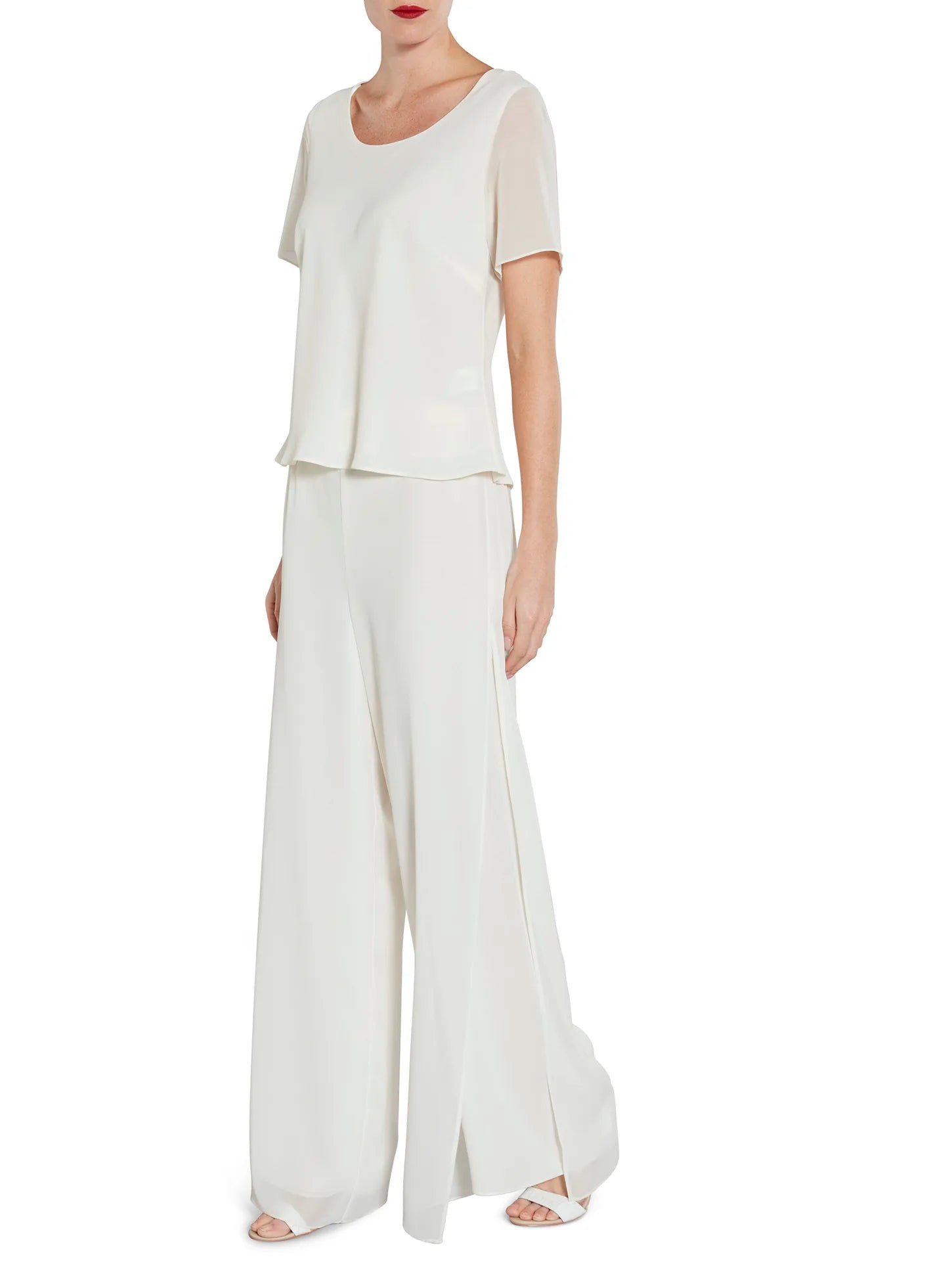 Gina Bacconi Chalk White Chiffon Layered Trouser With Slits