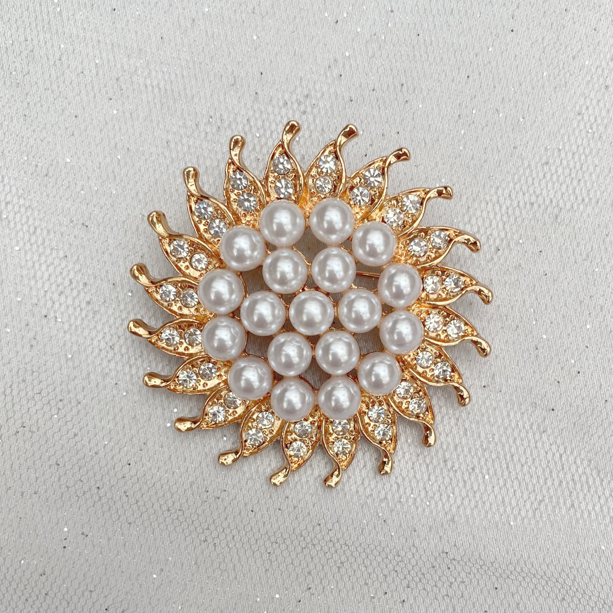 QueenMee Sunflower Brooch with Pearl and Crystal in Silver or