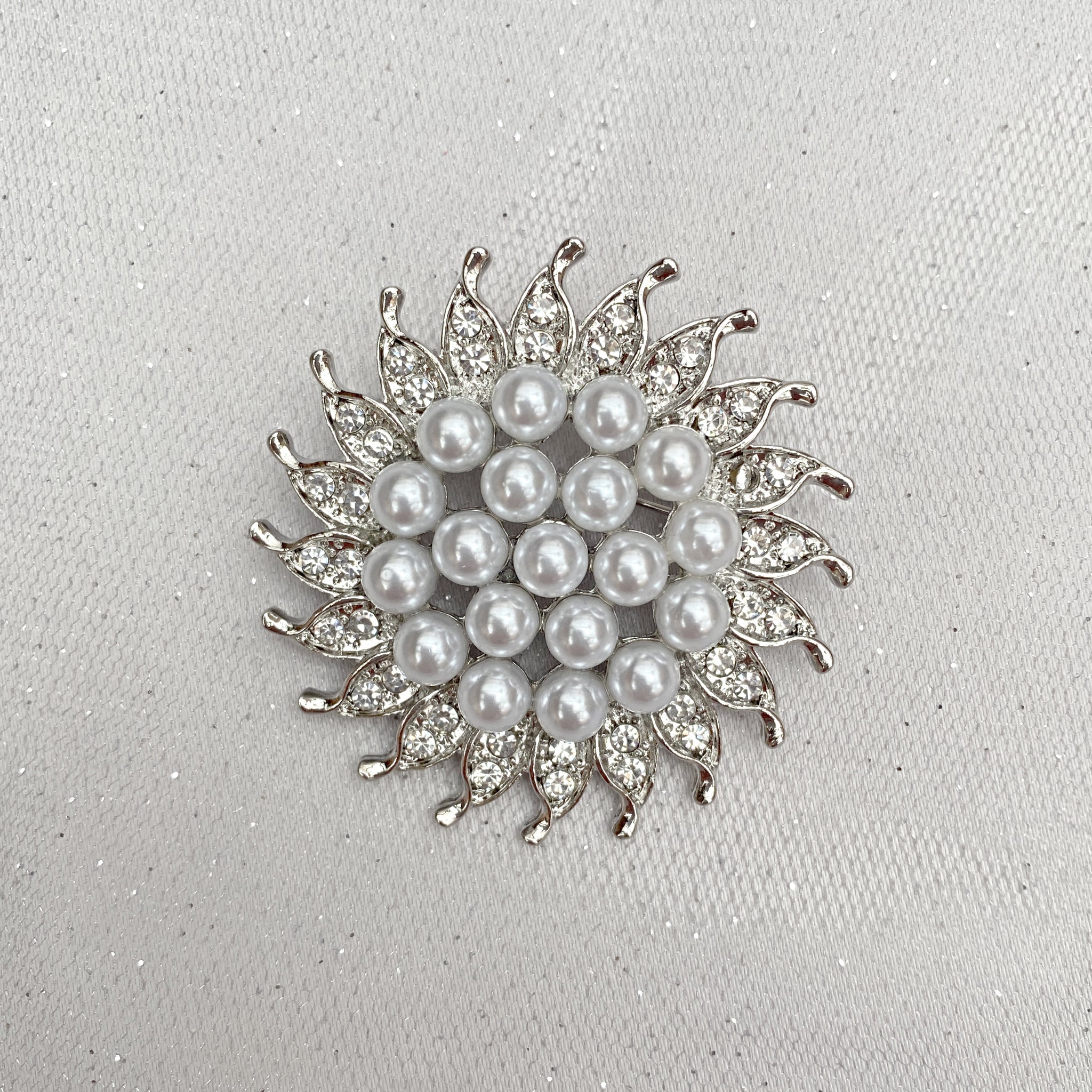 QueenMee Sunflower Brooch with Pearl and Crystal in Silver or