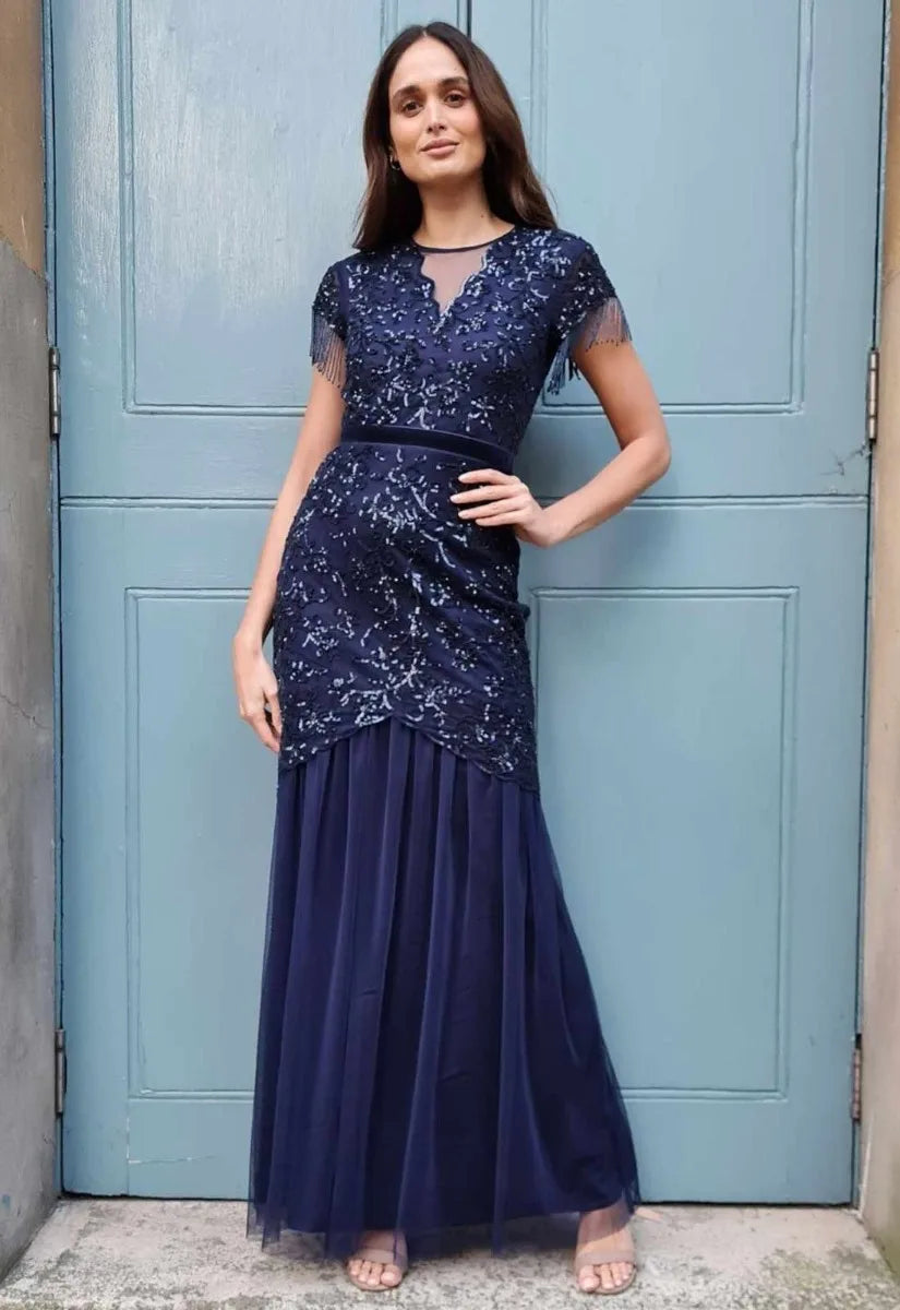 Raishma Couture Navy Vita Sequin Maxi Dress