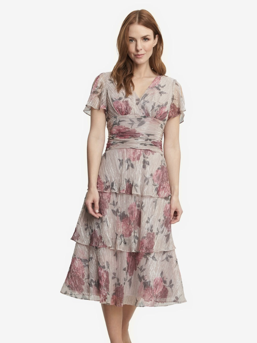 Gina Bacconi Cher Midi Length Printed Surplice Neckline Dress With Ruched Waist And Tiered Skirt