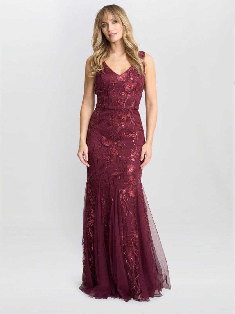 Gina Bacconi Red Evie Sleeveless Maxi Embroidered Sequin Gown