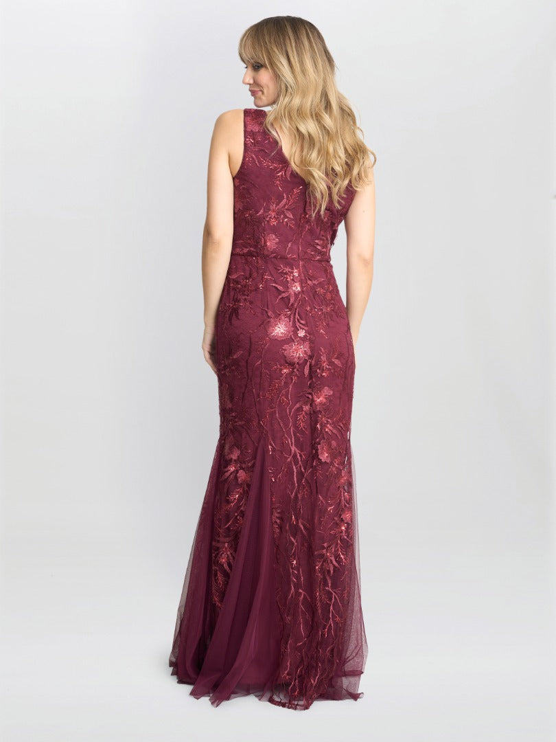 Gina Bacconi Red Evie Sleeveless Maxi Embroidered Sequin Gown