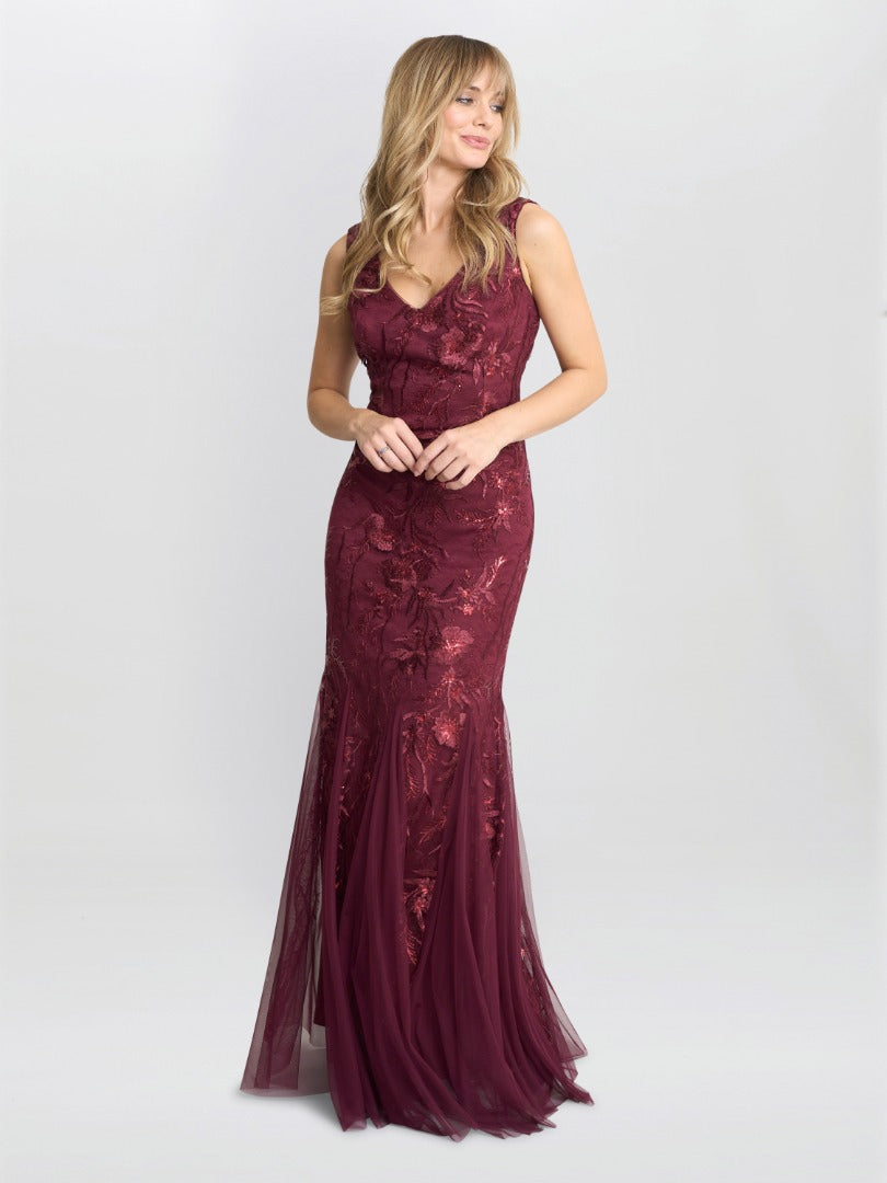 Gina Bacconi Red Evie Sleeveless Maxi Embroidered Sequin Gown