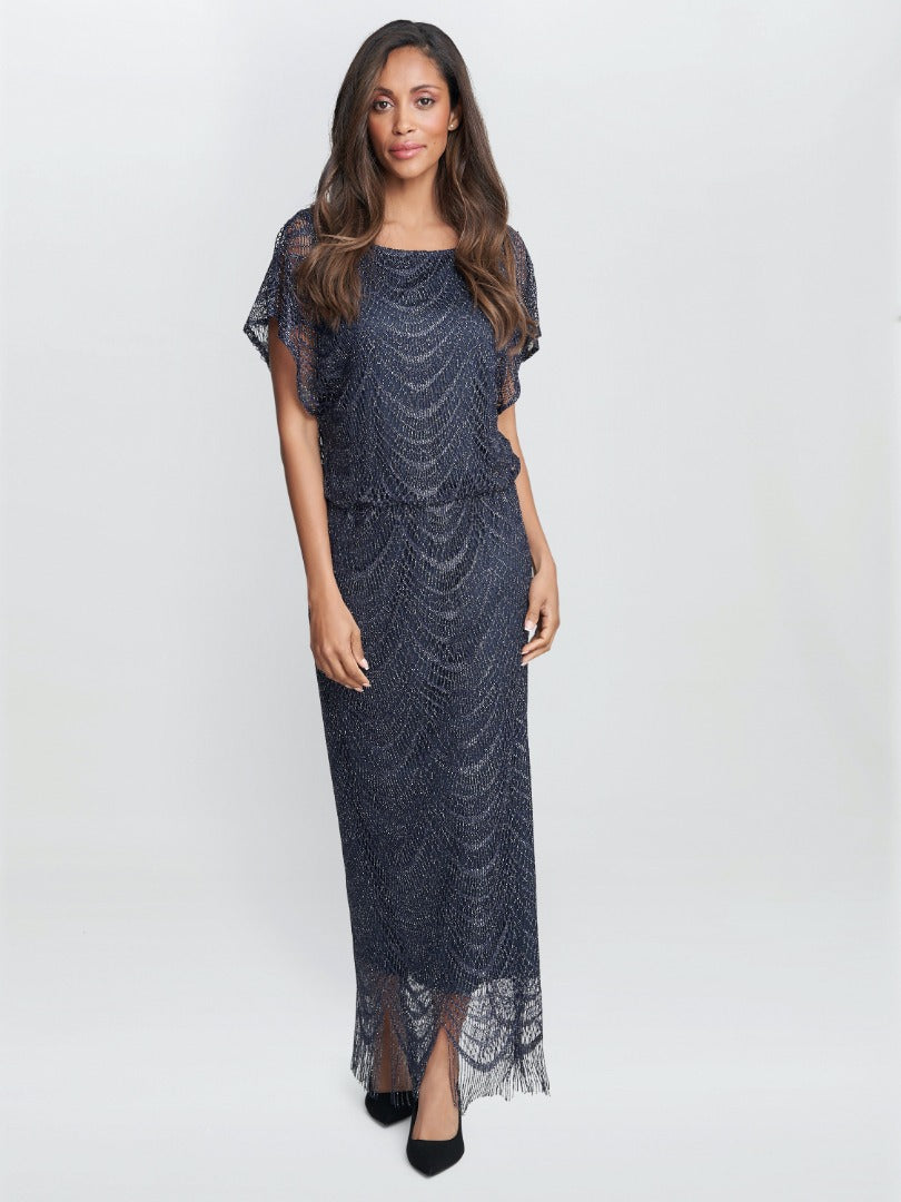 Gina Bacconi Arleen Long Blouson Fringe Hem Dress