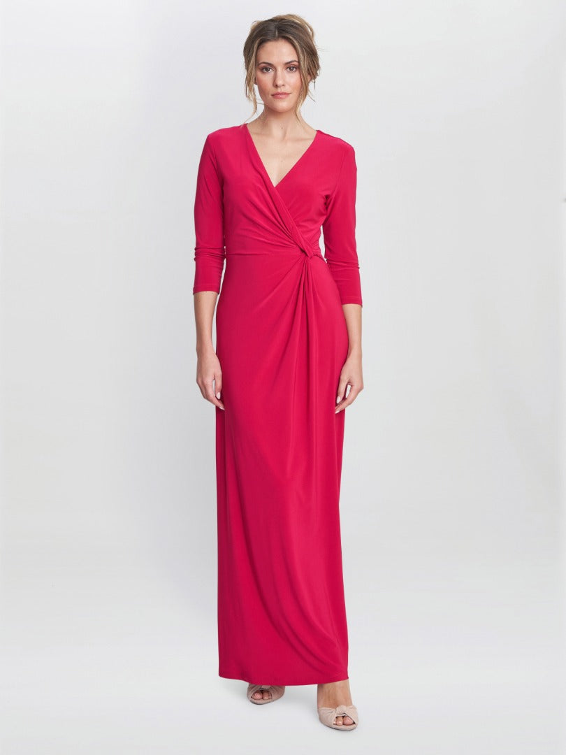 Gina Bacconi Red Celine Jersey Wrap Maxi Dress