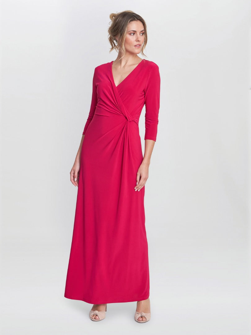 Gina Bacconi Red Celine Jersey Wrap Maxi Dress