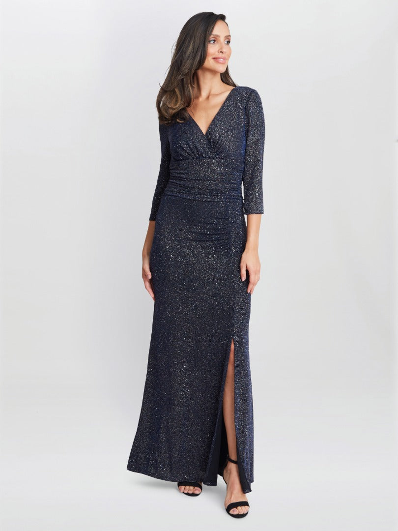 Gina Bacconi Eugenie Metallic Maxi Dress With Ruched Waist And Front Slit