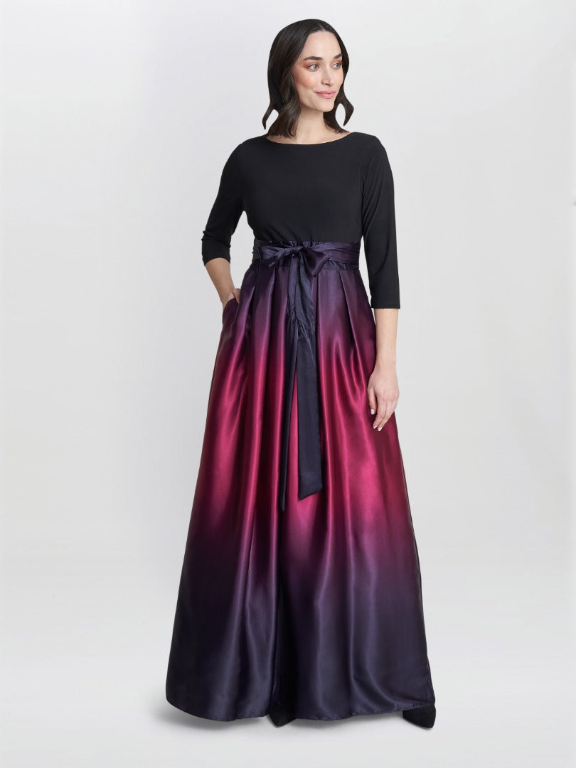 Gina Bacconi Black Ingrid V Neck Back Ombre Satin Maxi Dress