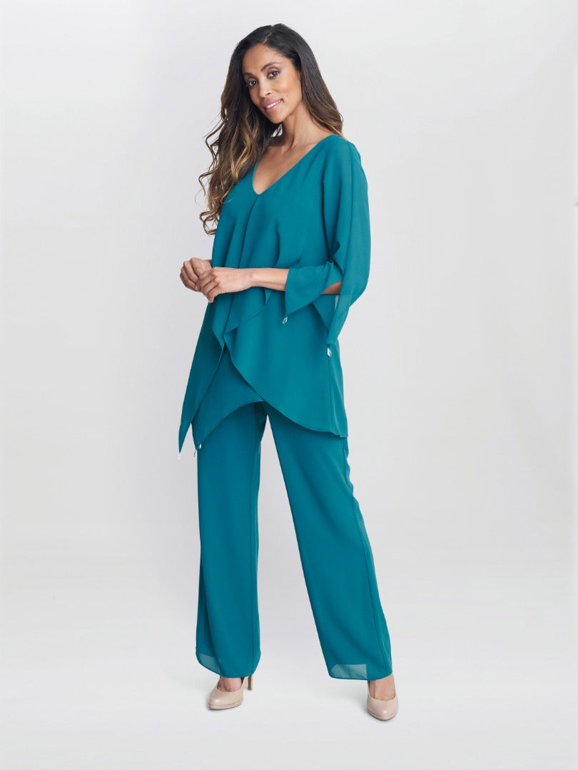 Gina Bacconi Teal Wilma Chiffon Trouser Suit With Asymmetric Blouse