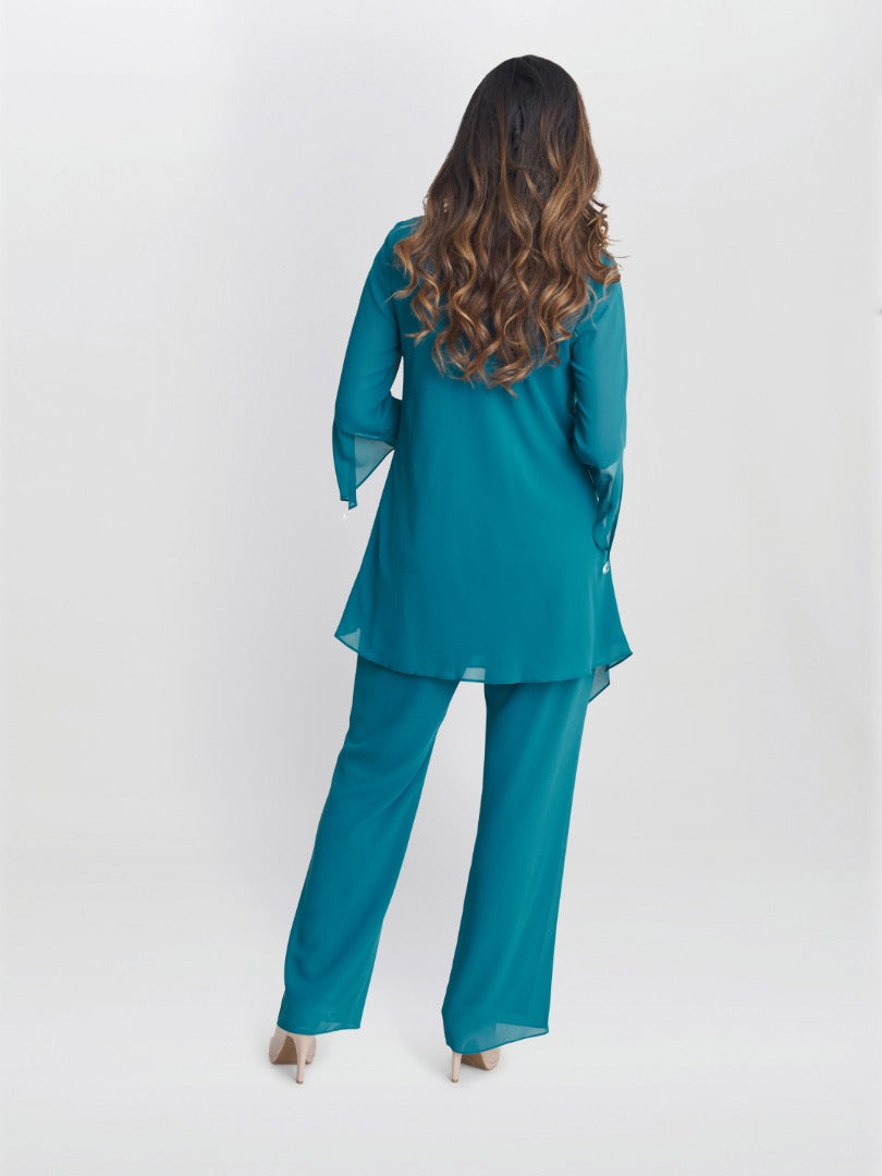 Gina Bacconi Teal Wilma Chiffon Trouser Suit With Asymmetric Blouse