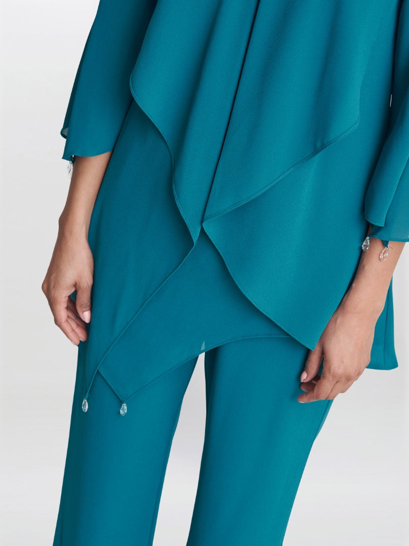 Gina Bacconi Teal Wilma Chiffon Trouser Suit With Asymmetric Blouse