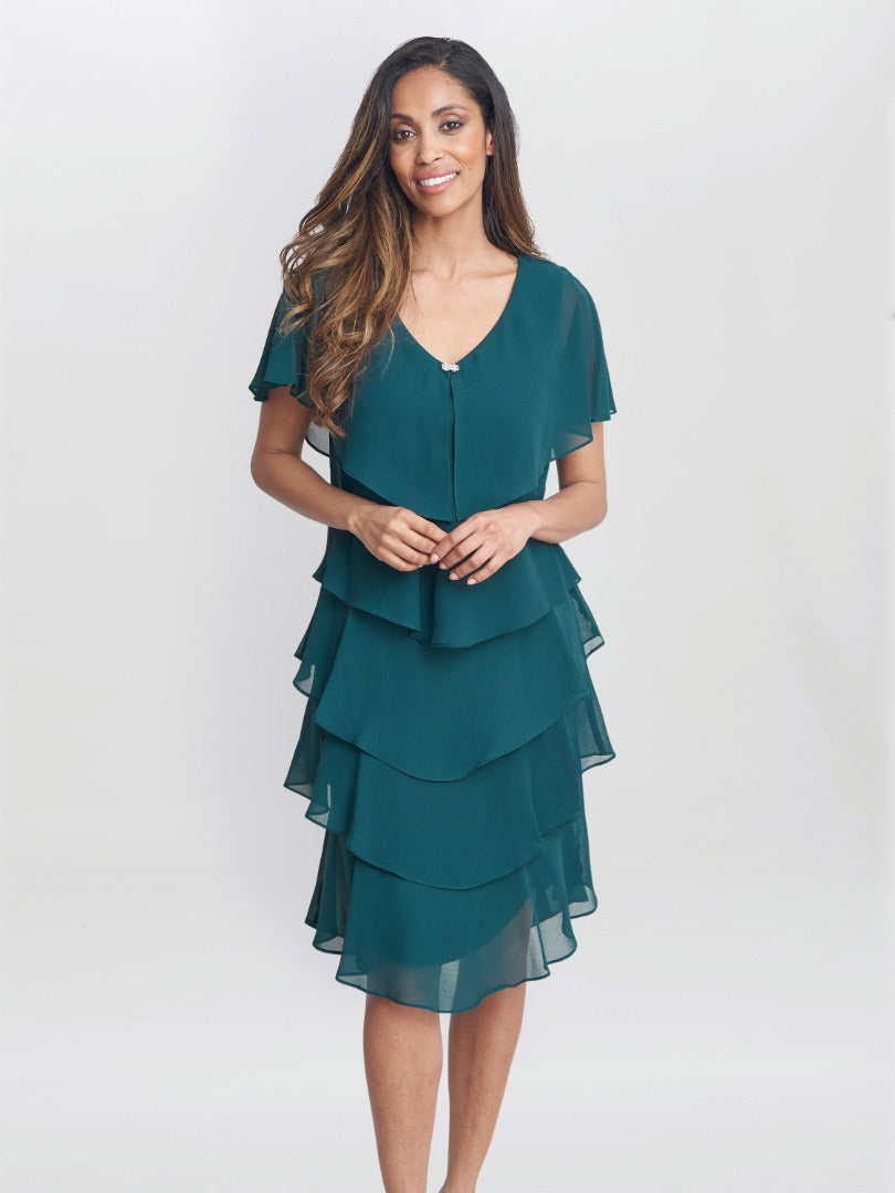 Gina Bacconi Green Bella Georgette Tiered Dress