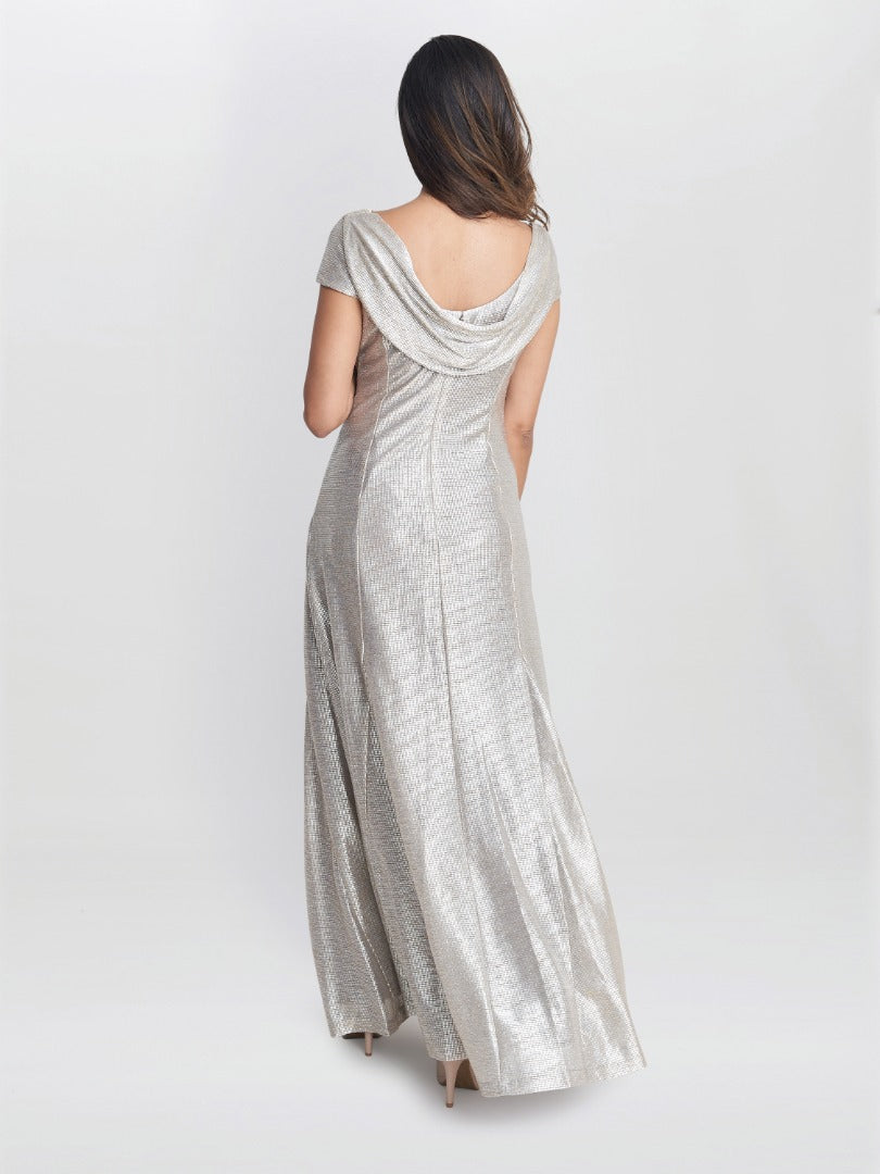 Gina Bacconi Silver Alivia Metallic Cowl Maxi Dress