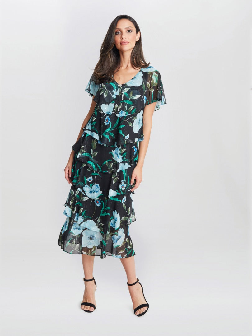 Gina Bacconi Green Frances Printed Midi Tiered Dress With Trim