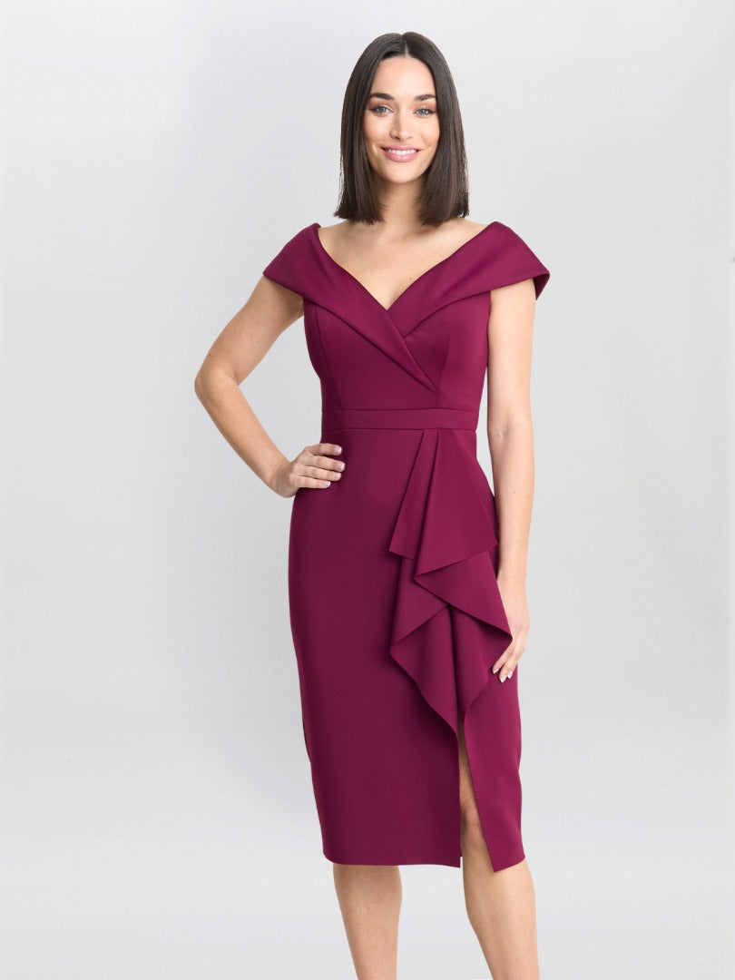 Gina Bacconi Burgundy Miranda Ruffled Off The Shoulder Dress