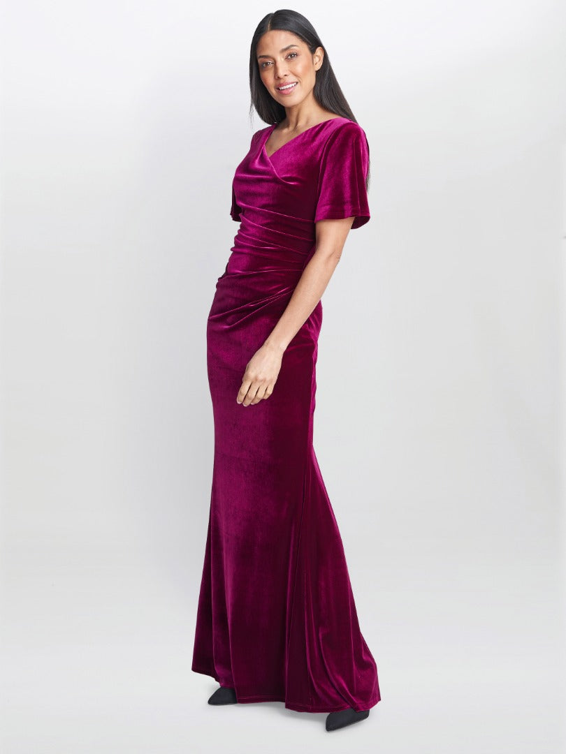 Gina Bacconi Burgundy Minka Velvet Maxi Dress With Cowl Neck